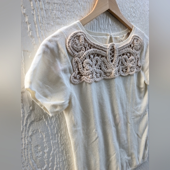 Knitted & Knotted Cotton Cashmere Blend Ivory Crochet Detail Knit Sweater Small - Picture 2 of 6